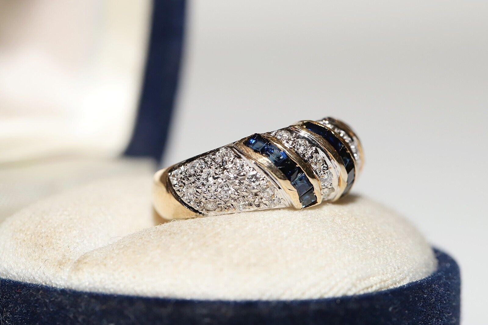 Vintage Circa 1980s 14k Gold Natural Diamond And Caliber Sapphire Ring For Sale 7
