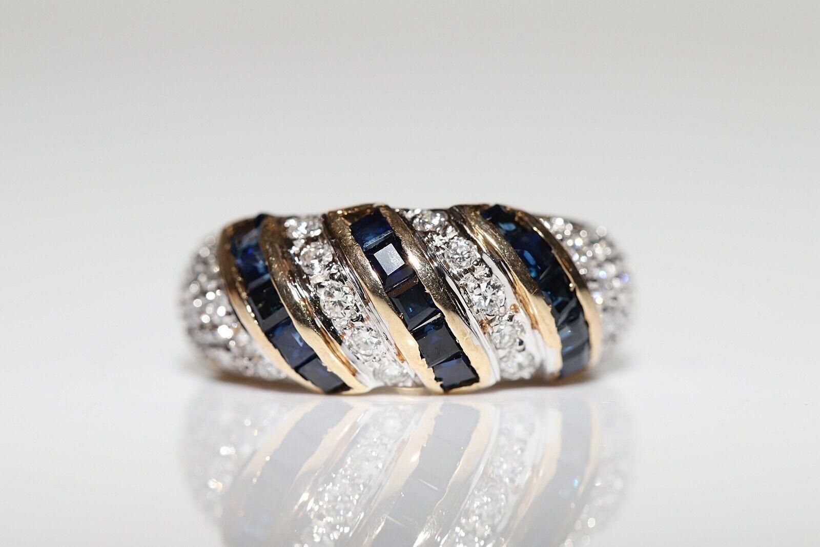 Vintage Circa 1980s 14k Gold Natural Diamond And Caliber Sapphire Ring For Sale 8