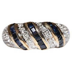 Anillo vintage circa años 80 de oro de 14k con diamante natural y zafiro calibre