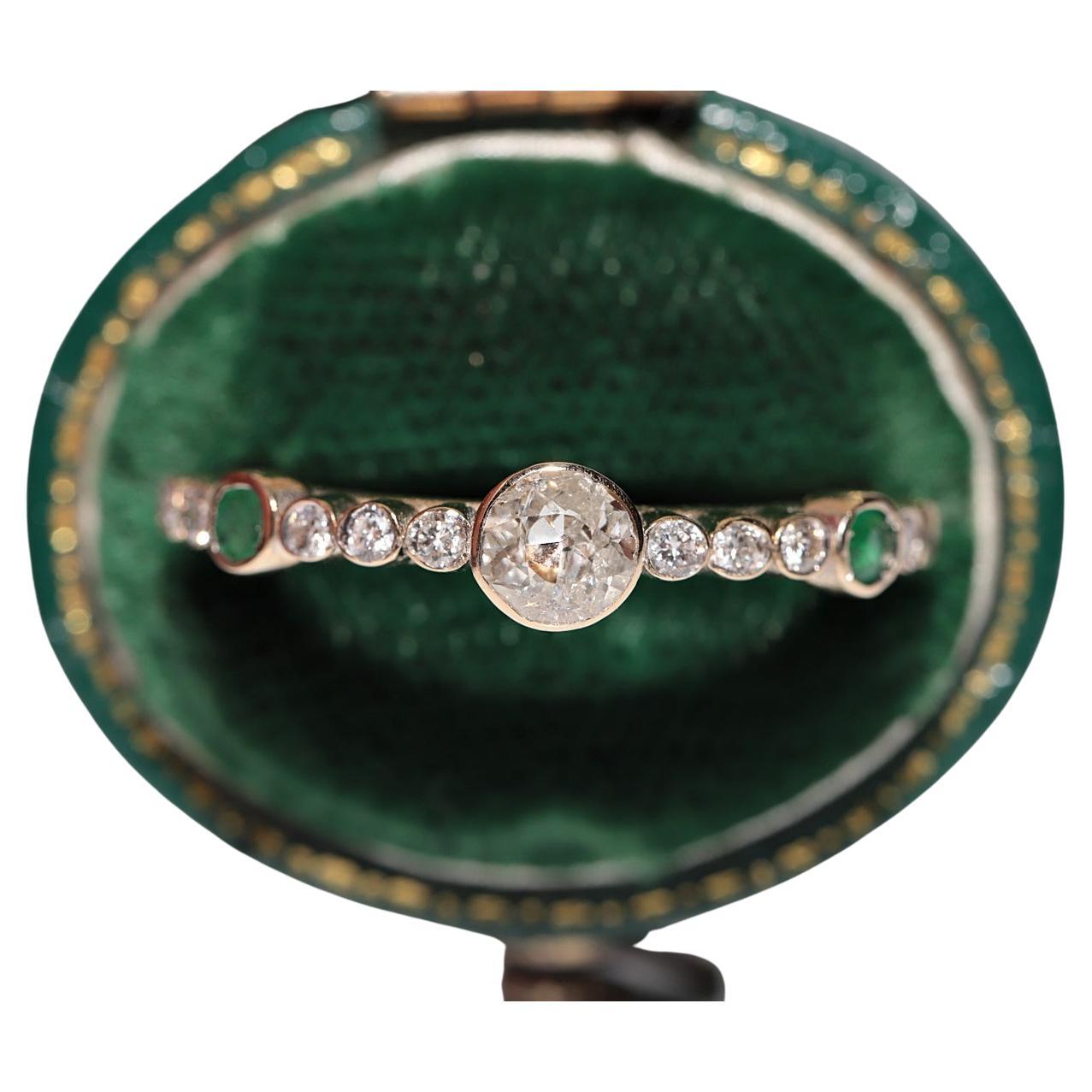 Vintage Circa 1980s 14k Gold Natural Diamond And Emerald Band Ring