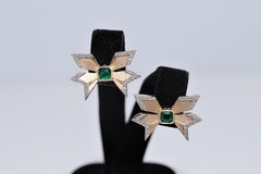 Vintage Circa 1980s 14k Gold Natural Diamond And Emerald Bow Design Earring