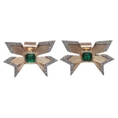 Vintage Circa 1980s 14k Gold Natural Diamond And Emerald Bow Design Earring