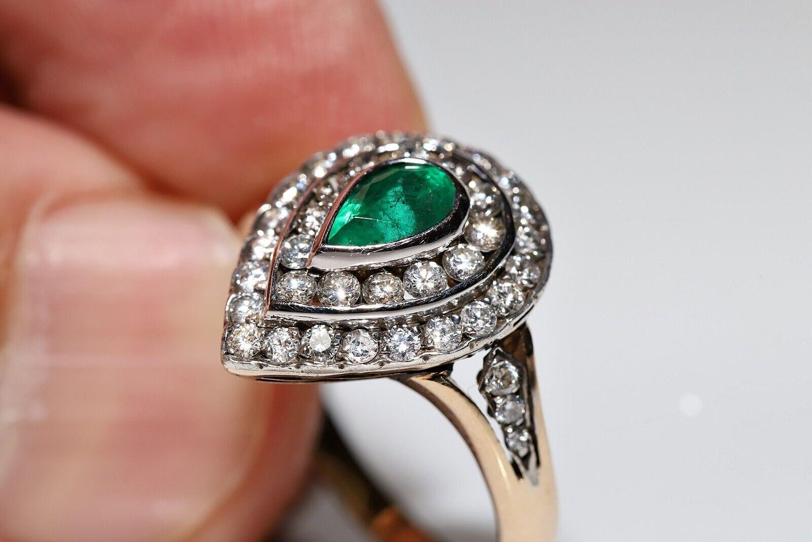Vintage Circa 1980s 14k Gold Natural Diamond And Emerald Decorated Drop Ring For Sale 6