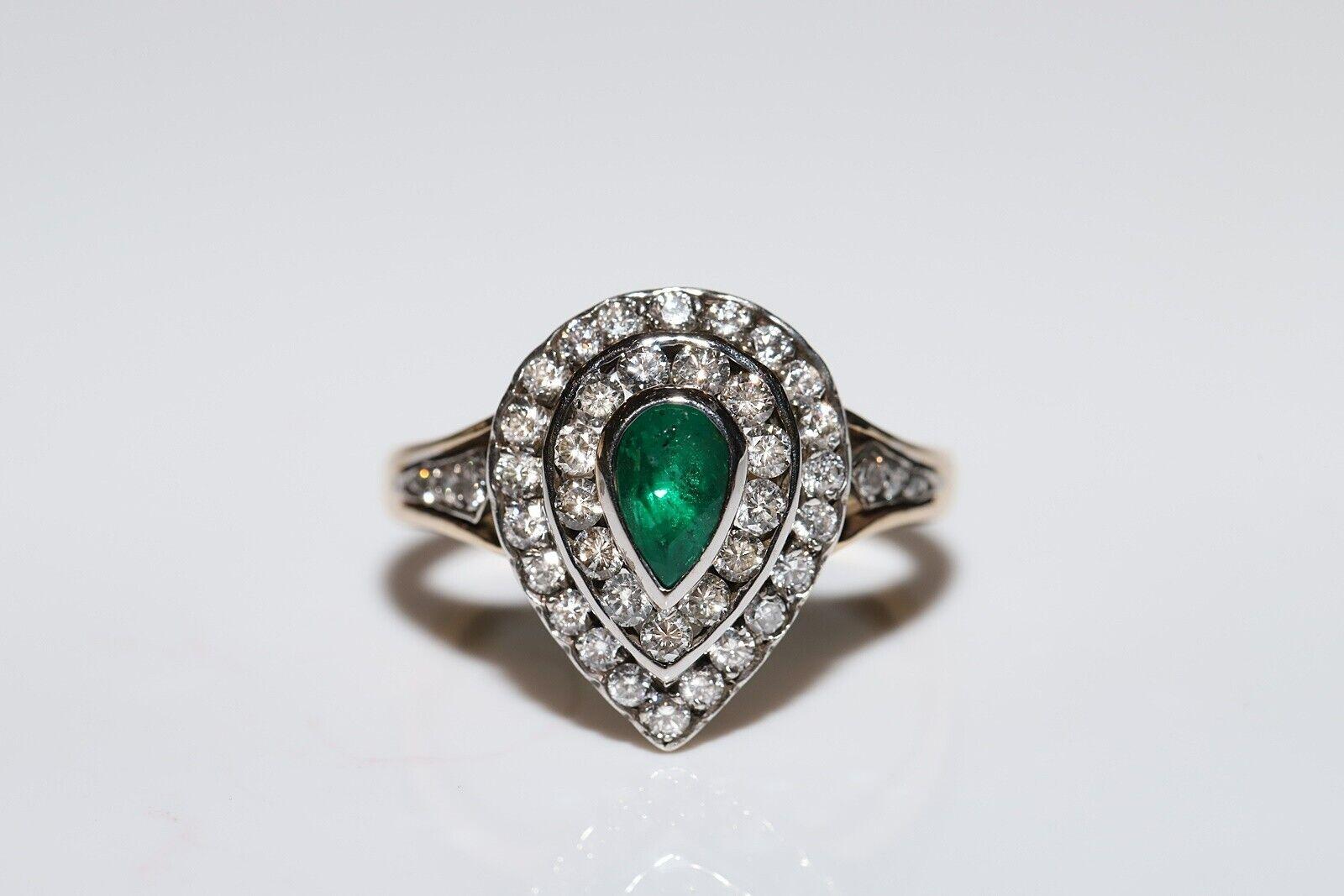 Brilliant Cut Vintage Circa 1980s 14k Gold Natural Diamond And Emerald Decorated Drop Ring For Sale