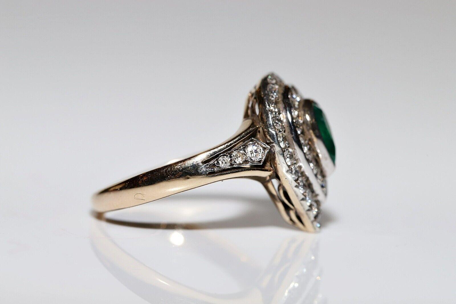 Women's Vintage Circa 1980s 14k Gold Natural Diamond And Emerald Decorated Drop Ring For Sale