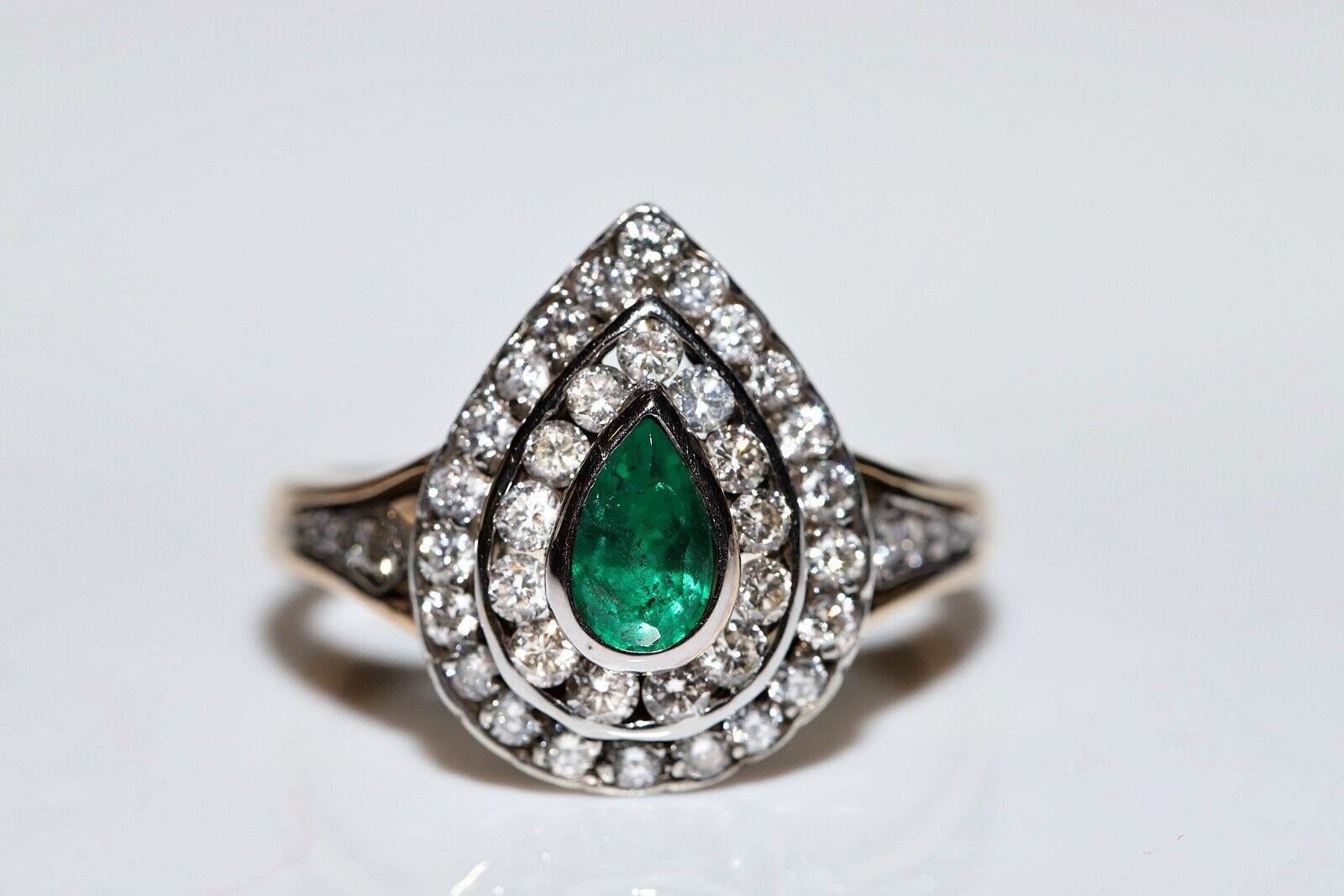 Vintage Circa 1980s 14k Gold Natural Diamond And Emerald Decorated Drop Ring For Sale 1