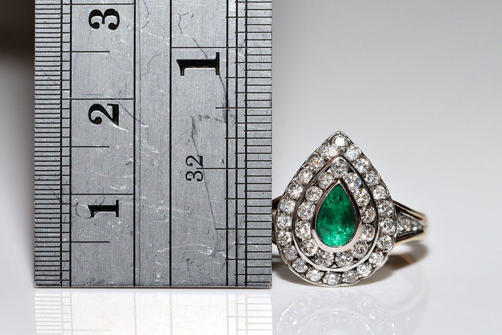 Vintage Circa 1980s 14k Gold Natural Diamond And Emerald Decorated Drop Ring For Sale 2