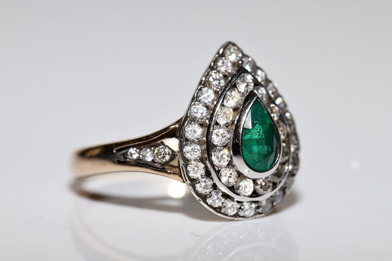 Vintage Circa 1980s 14k Gold Natural Diamond And Emerald Decorated Drop Ring For Sale 3