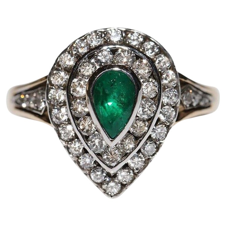 Anello a goccia decorato con diamanti naturali e smeraldi in oro 14k, vintage, circa anni 
80