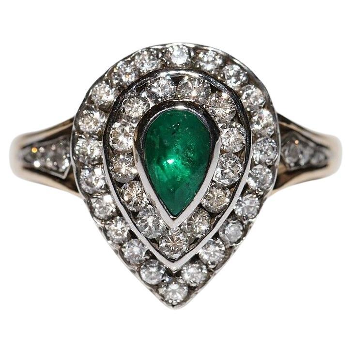 Anillo de gota decorado con esmeraldas y diamantes naturales en oro de 14 quilates vintage de la década de 1980