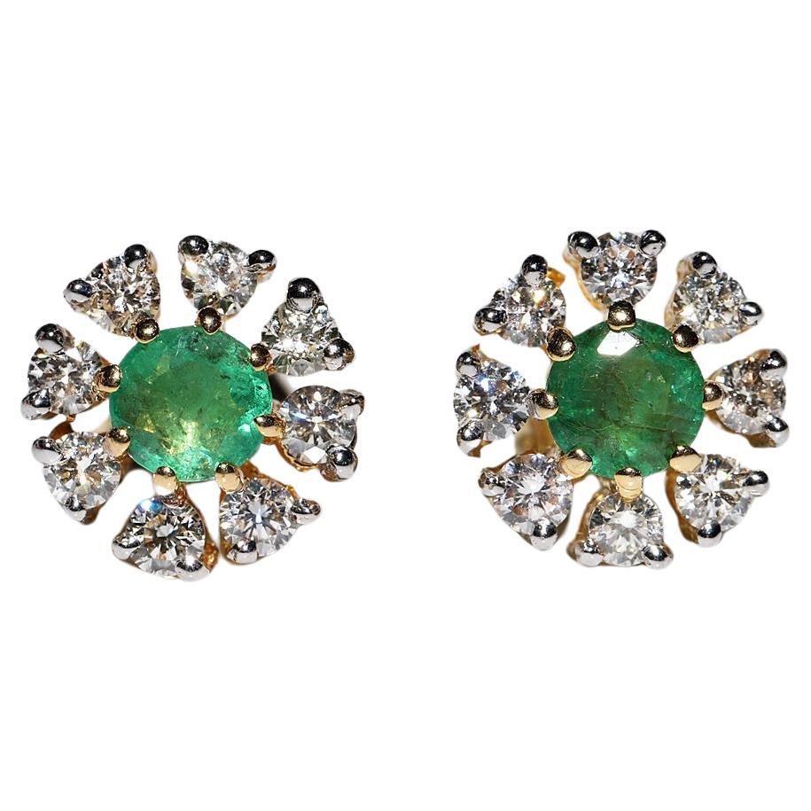 Vintage  Circa 1980s 14k Gold Natural Diamond And Emerald Decorated Earring For Sale