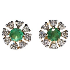 Retro  Circa 1980s 14k Gold Natural Diamond And Emerald Decorated Earring