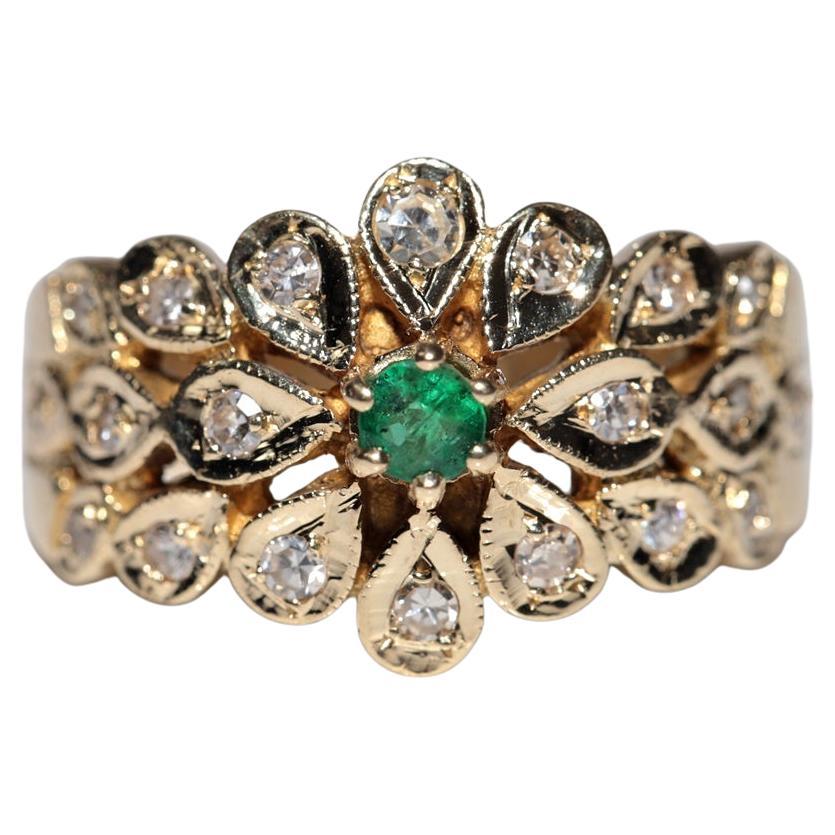 Vintage Circa 1980s 14k Gold Natural Diamond And Emerald Decorated Ring