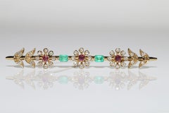 Vintage Circa 1980s 14k Gold Natural Diamond And Emerald Ruby Decorated Brooch