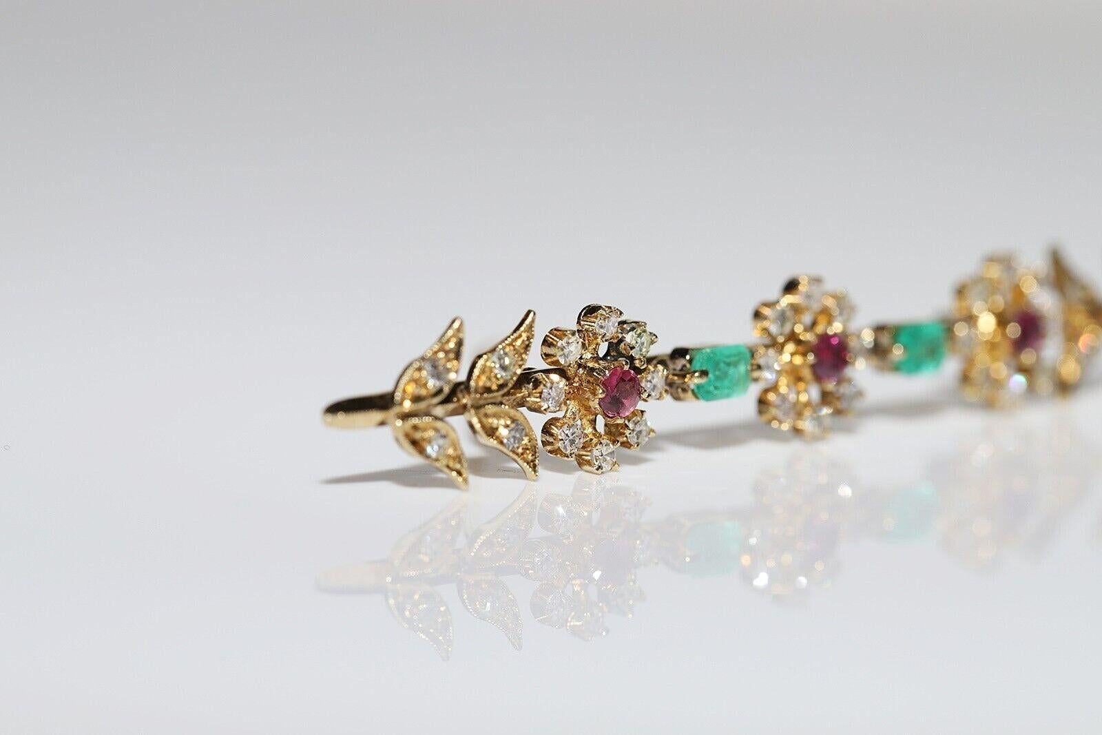 Retro Vintage Circa 1980s 14k Gold Natural Diamond And Emerald Ruby Decorated Brooch For Sale