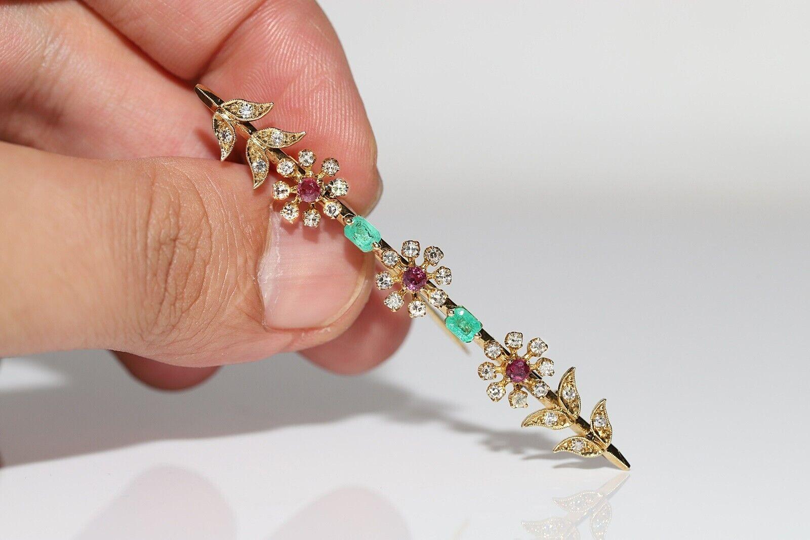 Vintage Circa 1980s 14k Gold Natural Diamond And Emerald Ruby Decorated Brooch For Sale 1