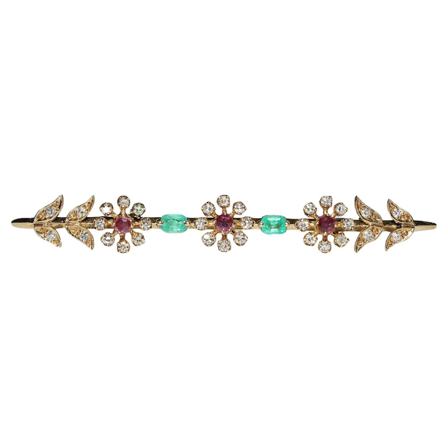 Vintage Circa 1980er Jahre 14k Gold natürlicher Diamant und Smaragd Rubin Dekorierte Brosche