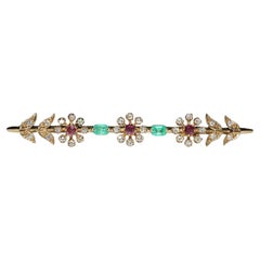 Vintage Circa 1980er Jahre 14k Gold natürlicher Diamant und Smaragd Rubin Dekorierte Brosche