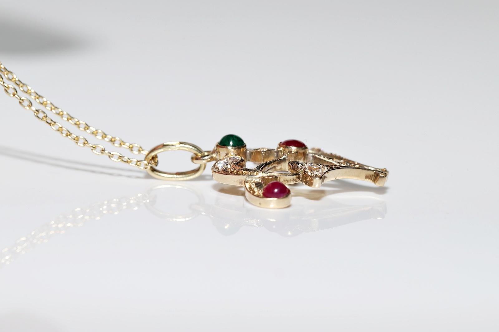 Collier pendentif vintage des années 1980 en or 14 carats avec diamant naturel et émeraude rubis en vente 5