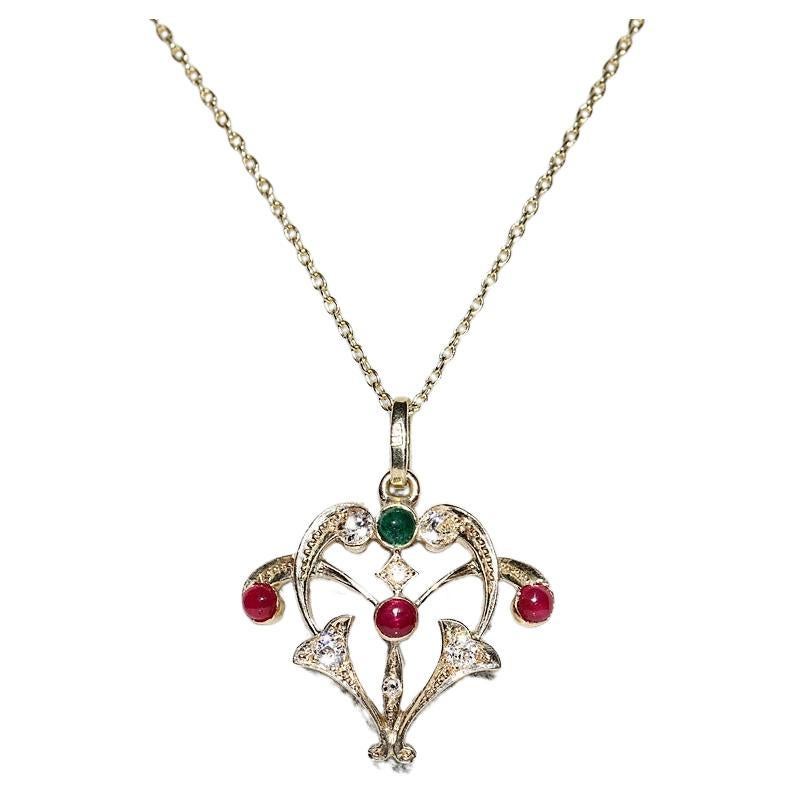 Collier pendentif vintage des années 1980 en or 14 carats avec diamant naturel et émeraude rubis en vente