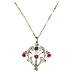 Collier pendentif vintage des années 1980 en or 14 carats avec diamant naturel et émeraude rubis