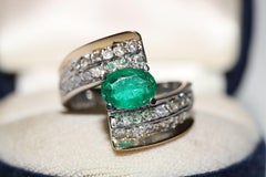 Vintage Circa 1980s 14k Gold Natural Diamond And Emerald Strong Tank Ring