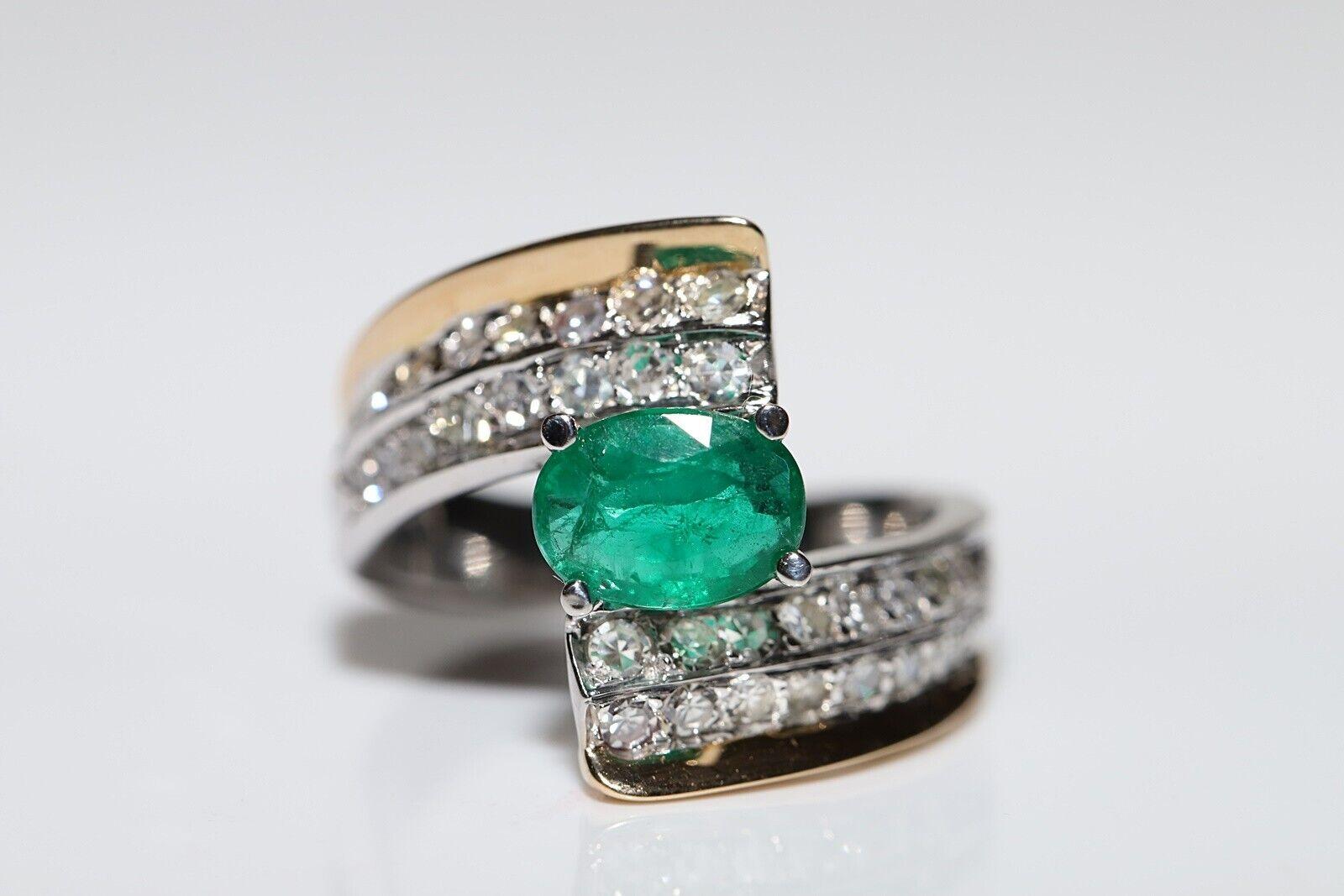 Vintage Circa 1980er Jahre 14k Gold natürlicher Diamant und Smaragd starker Tank-Ring im Angebot 3