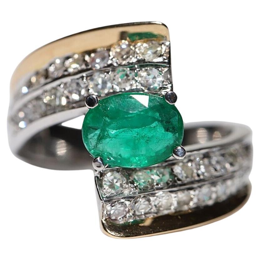 Vintage Circa 1980s 14k Gold Natural Diamond And Emerald Strong Tank Ring