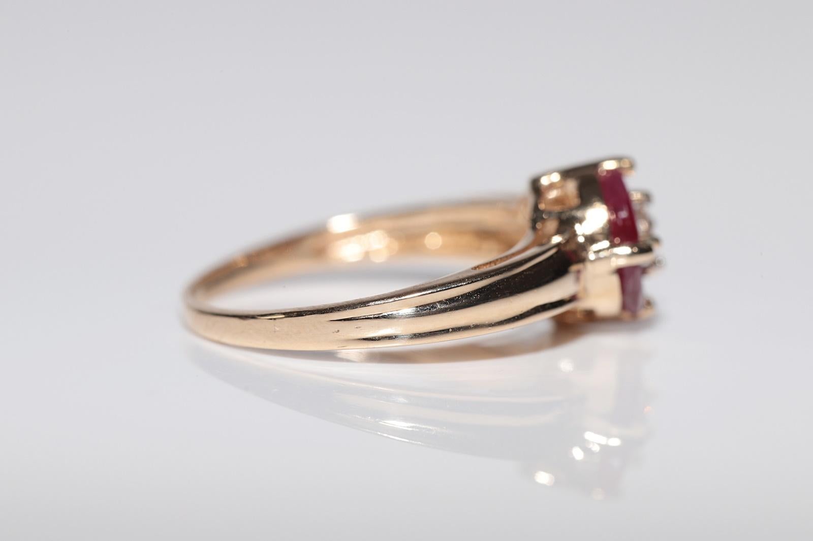 Vintage Circa 1980s 14k Gold Natural Diamond And Marquise Cut Ruby Ring For Sale 1
