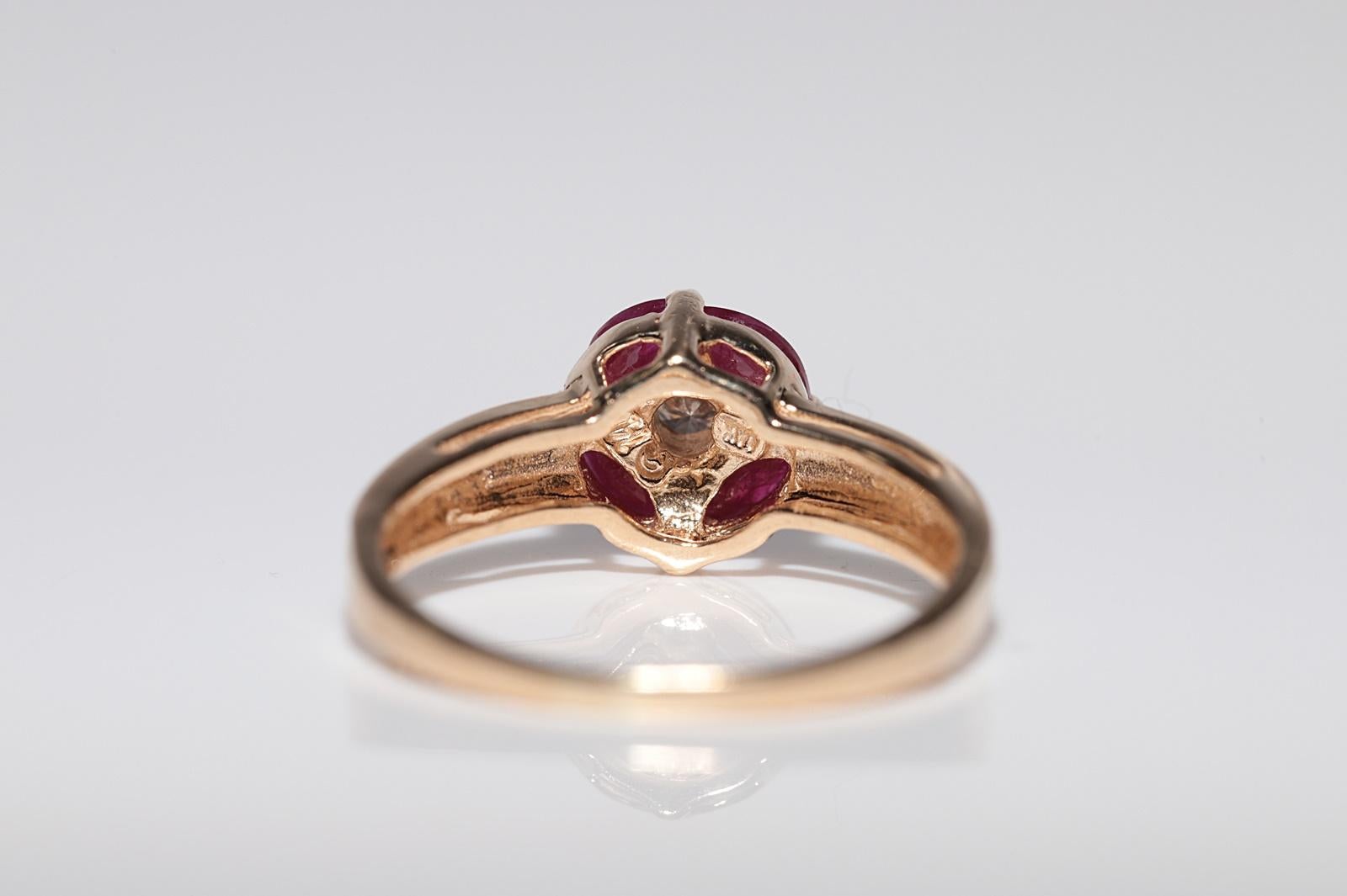 Vintage Circa 1980s 14k Gold Natural Diamond And Marquise Cut Ruby Ring For Sale 3