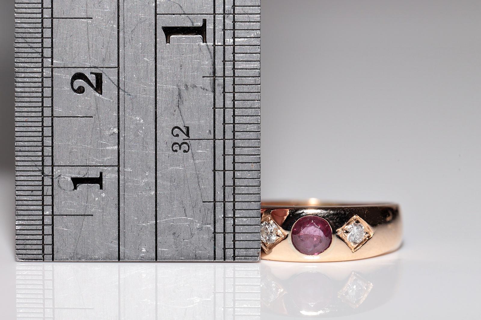 Brilliant Cut Vintage Circa 1980s 14k Gold Natural Diamond And Ruby Decorated Band Ring For Sale