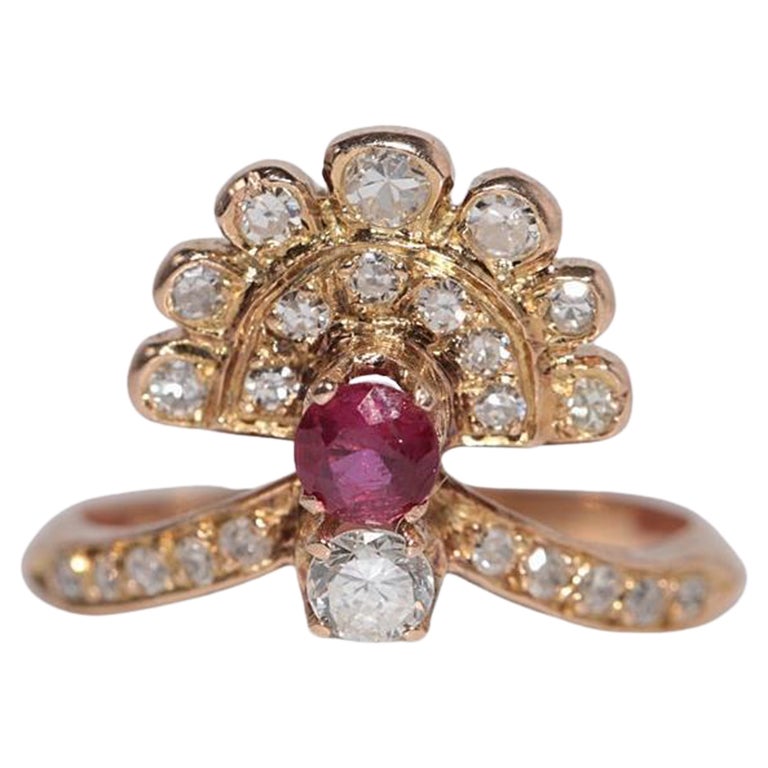 Vintage Circa 1980s 14k Gold Natural Diamond And Ruby Decorated Cluster Ring