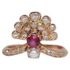Anello a grappolo decorato con diamanti naturali e rubini in oro 14k, vintage, circa anni '80