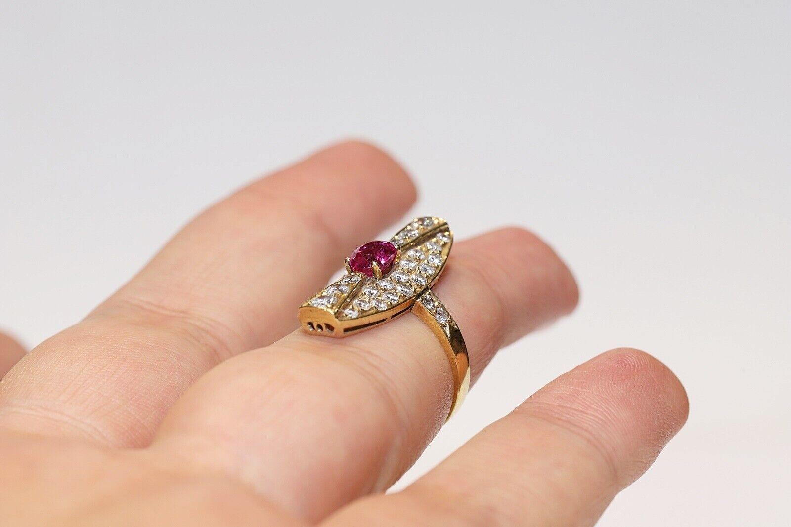 Vintage Circa 1980s 14k Gold Natural Diamond And Ruby Decorated Navette Ring  For Sale 5