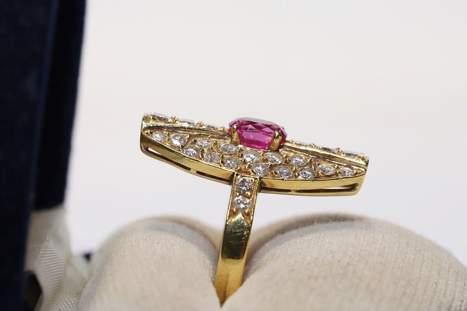 Brilliant Cut Vintage Circa 1980s 14k Gold Natural Diamond And Ruby Decorated Navette Ring  For Sale