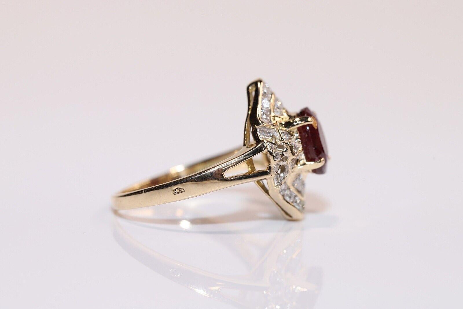 Vintage Circa 1980s 14k Gold Natural Diamond And Ruby Decorated Navette Ring For Sale 1