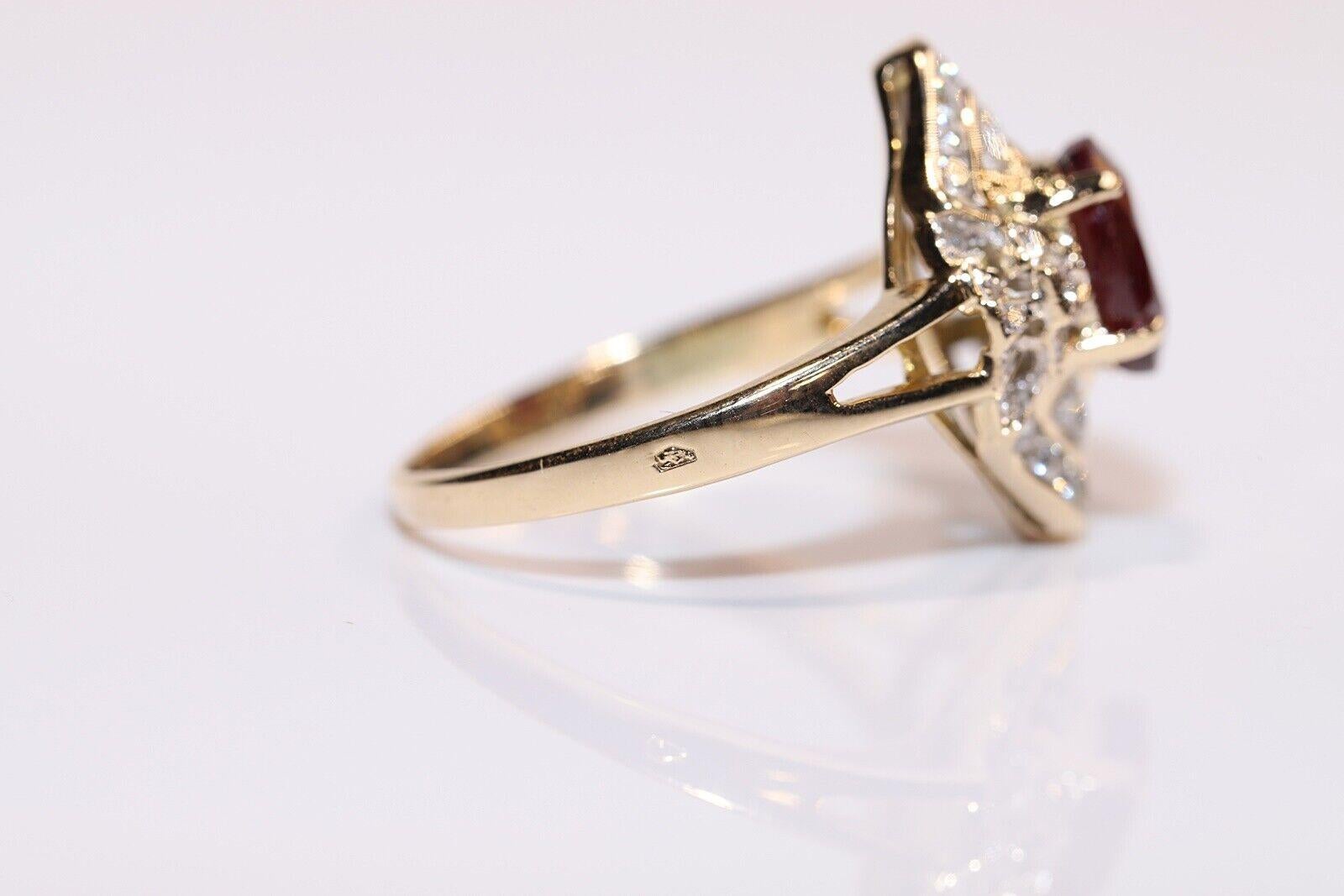 Vintage Circa 1980s 14k Gold Natural Diamond And Ruby Decorated Navette Ring For Sale 2