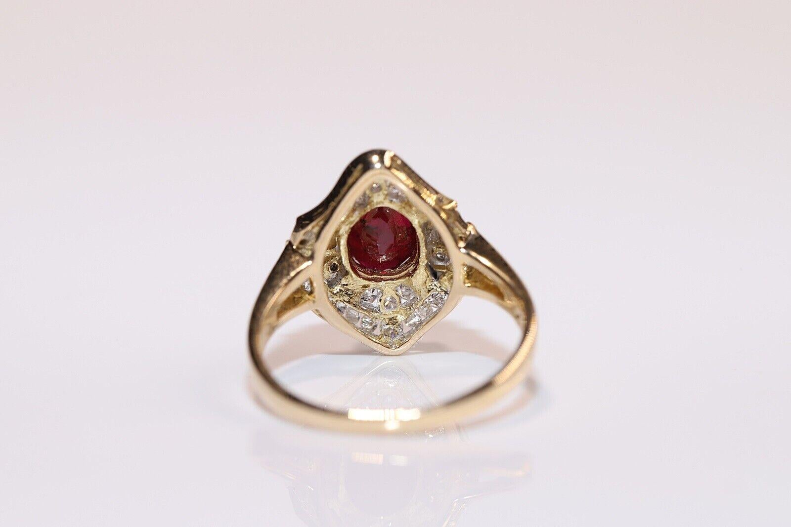 Vintage Circa 1980s 14k Gold Natural Diamond And Ruby Decorated Navette Ring For Sale 3