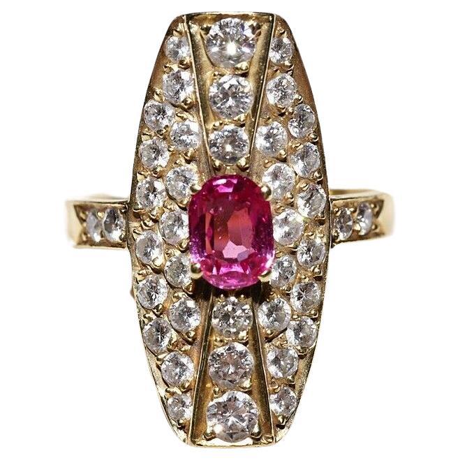 Vintage Circa 1980s 14k Gold Natural Diamond And Ruby Decorated Navette Ring  For Sale