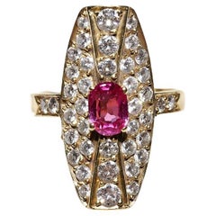 Vintage Circa 1980s 14k Gold Natural Diamond And Ruby Decorated Navette Ring 