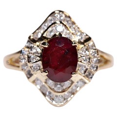 Bague navette vintage des années 1980 en or 14 carats décorée de diamants naturels et de rubis