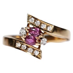 Vintage Circa 1980s 14k Gold Natural Diamond And Ruby Decorated Ring