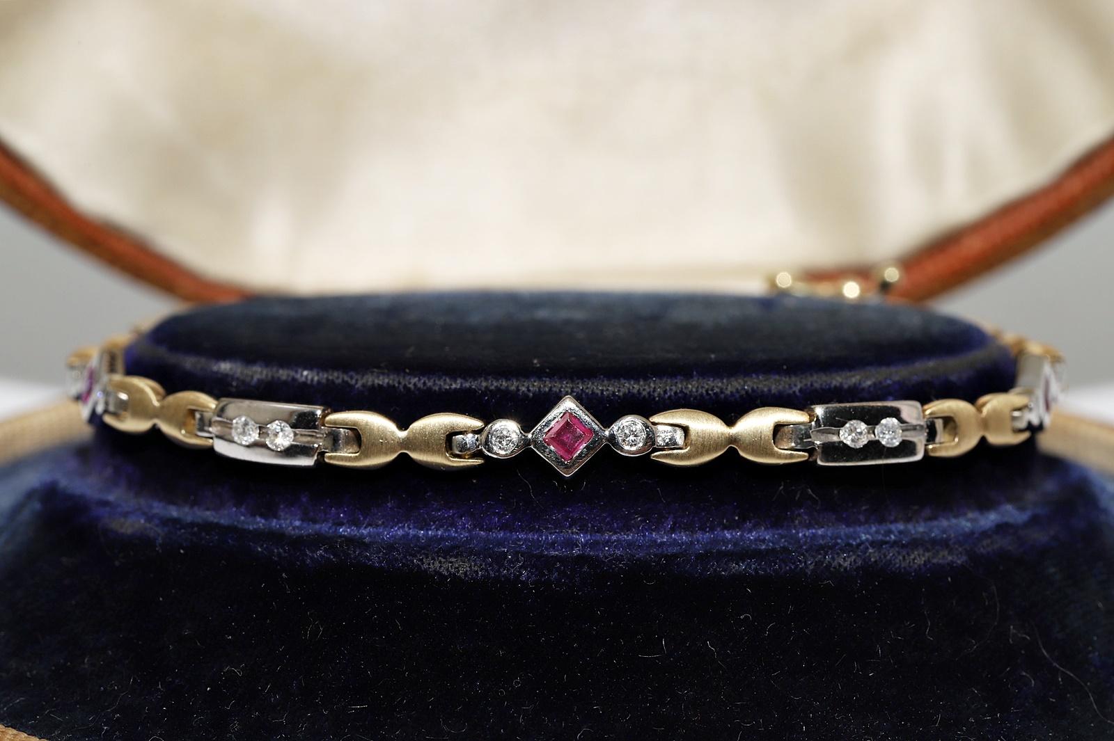 Retro Vintage Circa 1980s 14k Gold Natural Diamond And Ruby Decorated Tennis Bracelet  For Sale