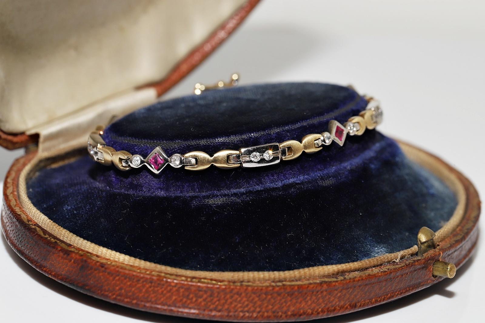 Brilliant Cut Vintage Circa 1980s 14k Gold Natural Diamond And Ruby Decorated Tennis Bracelet  For Sale