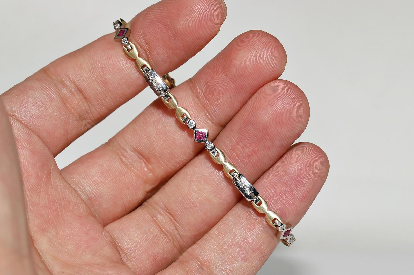 Vintage Circa 1980s 14k Gold Natural Diamond And Ruby Decorated Tennis Bracelet  For Sale 1