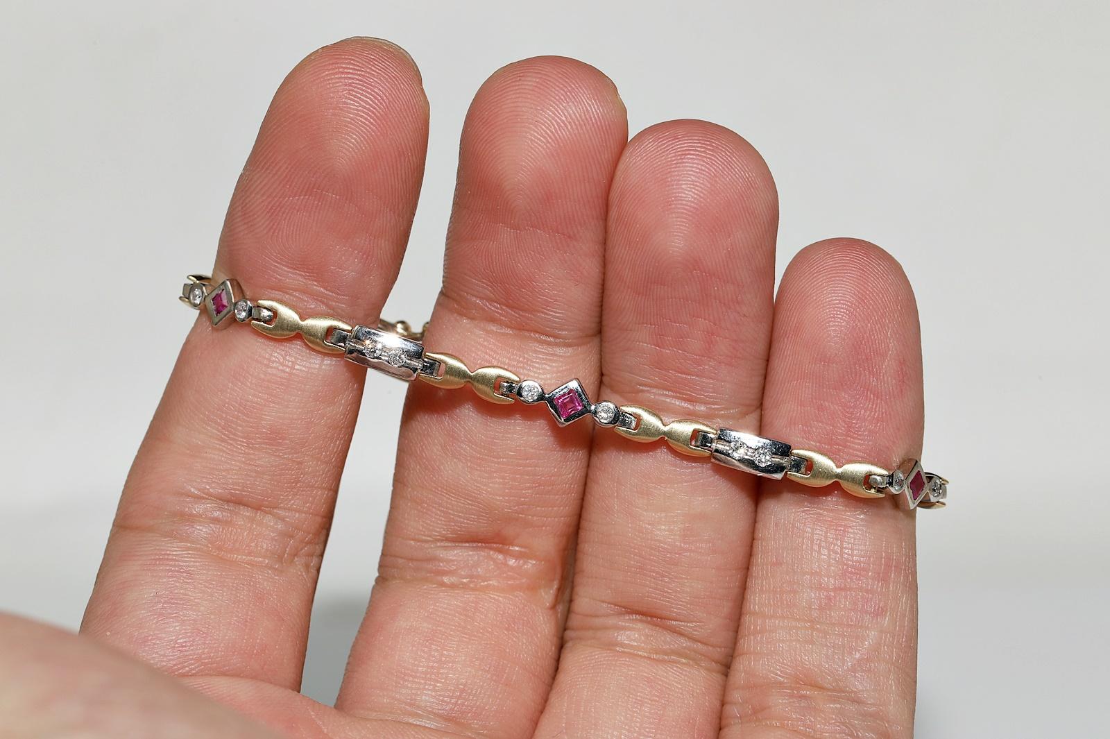 Vintage Circa 1980s 14k Gold Natural Diamond And Ruby Decorated Tennis Bracelet  For Sale 2