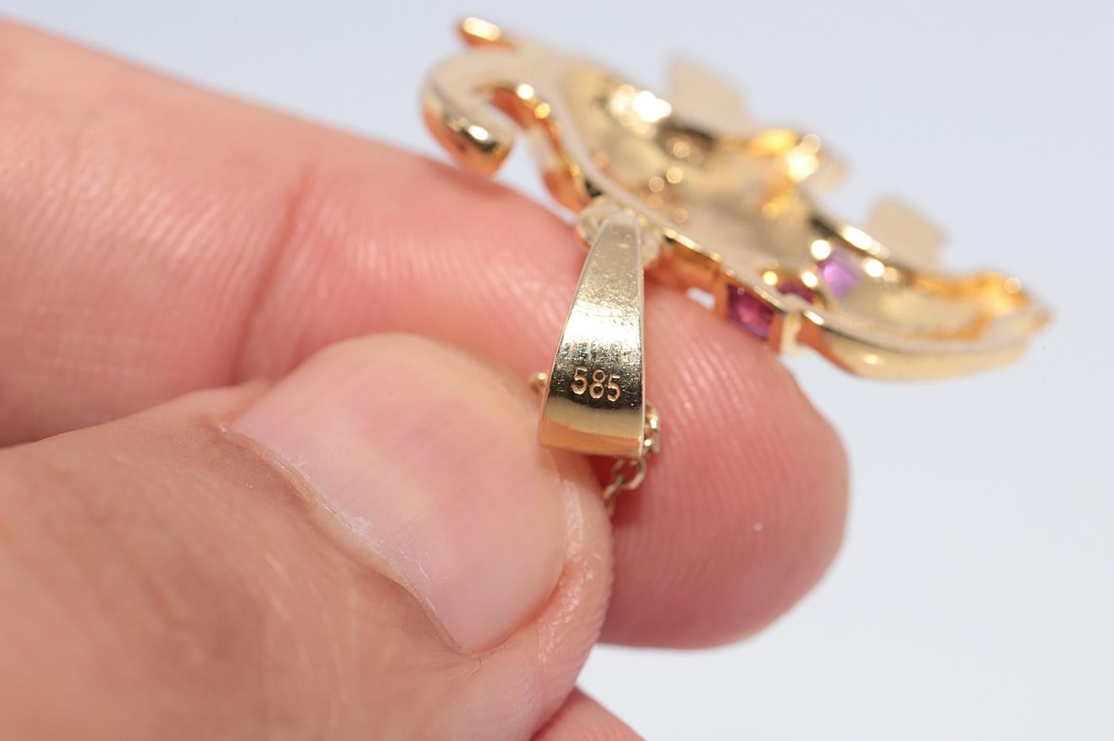 Collana Elefante in oro 14k con diamanti naturali e rubini, vintage, circa anni '80 in vendita 6