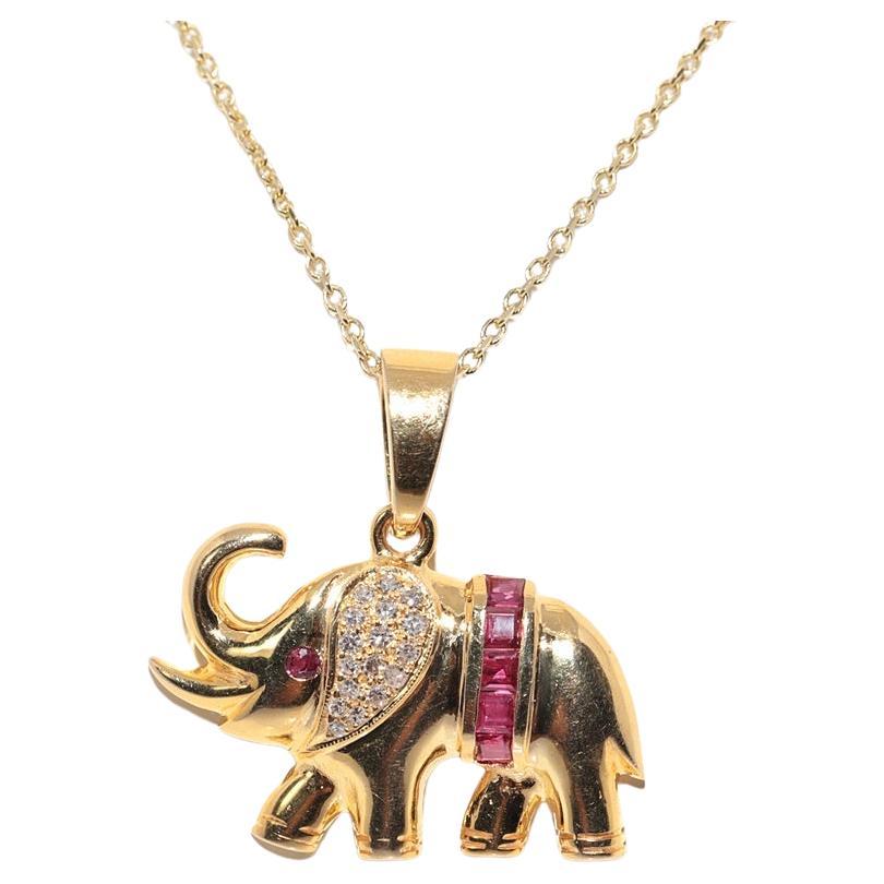 Collana Elefante in oro 14k con diamanti naturali e rubini, vintage, circa anni '80 in vendita
