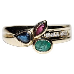 Vintage Circa 1980s 14k Gold Natural Diamond And Ruby Emerald Sapphire Ring