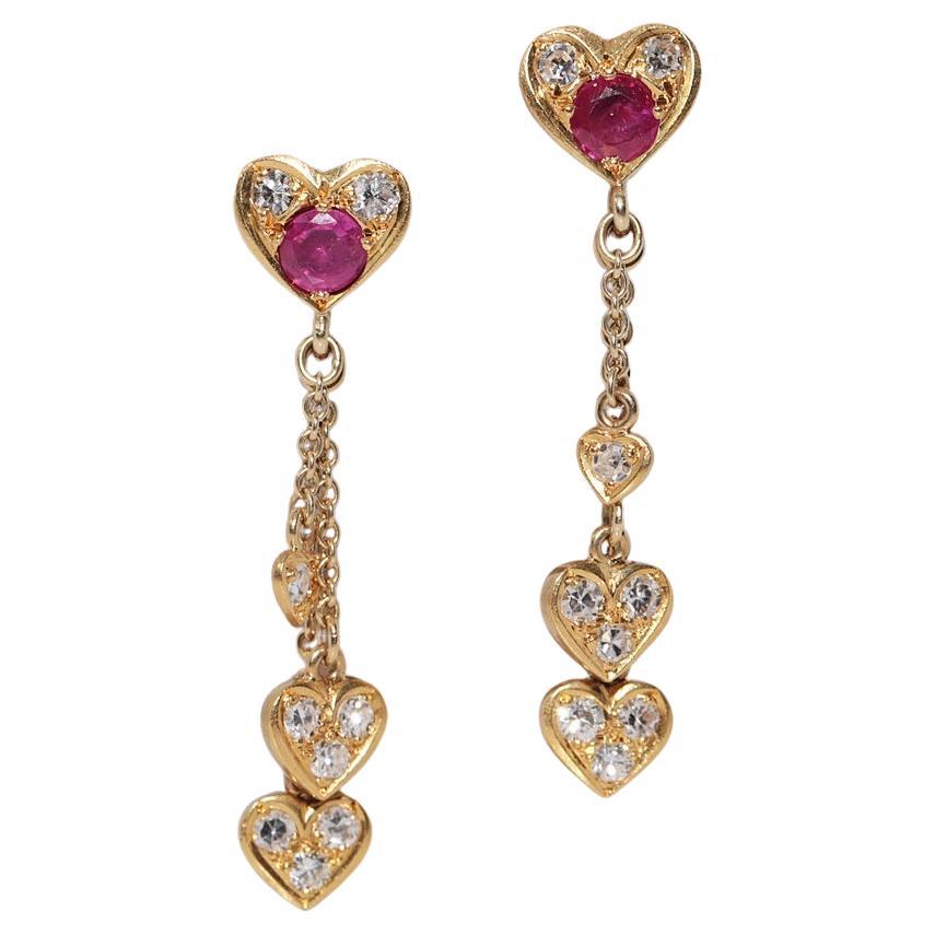 Vintage Circa 1980s 14k Gold Natural Diamond And Ruby Heart Drop Earring For Sale